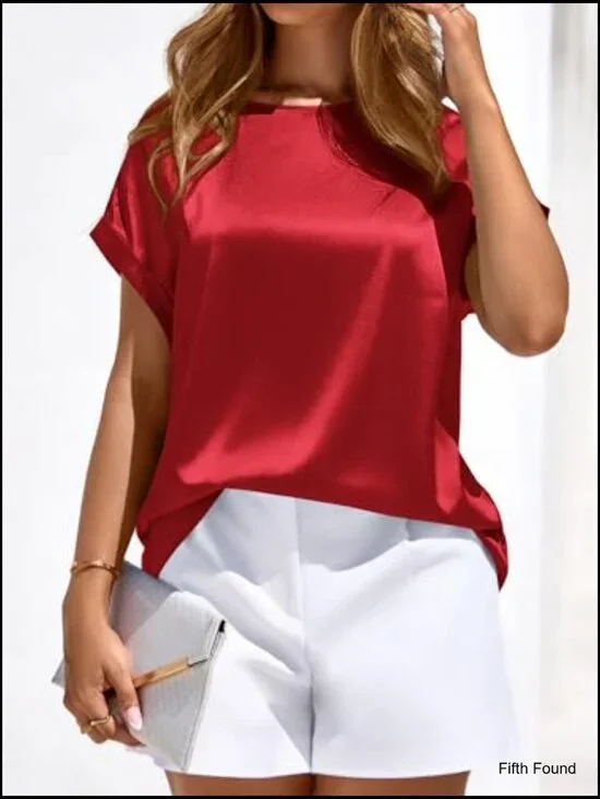 Satin Short Sleeve Blouse Crew Neck Loose Fit Business Casual Top - Picture 3 of 7